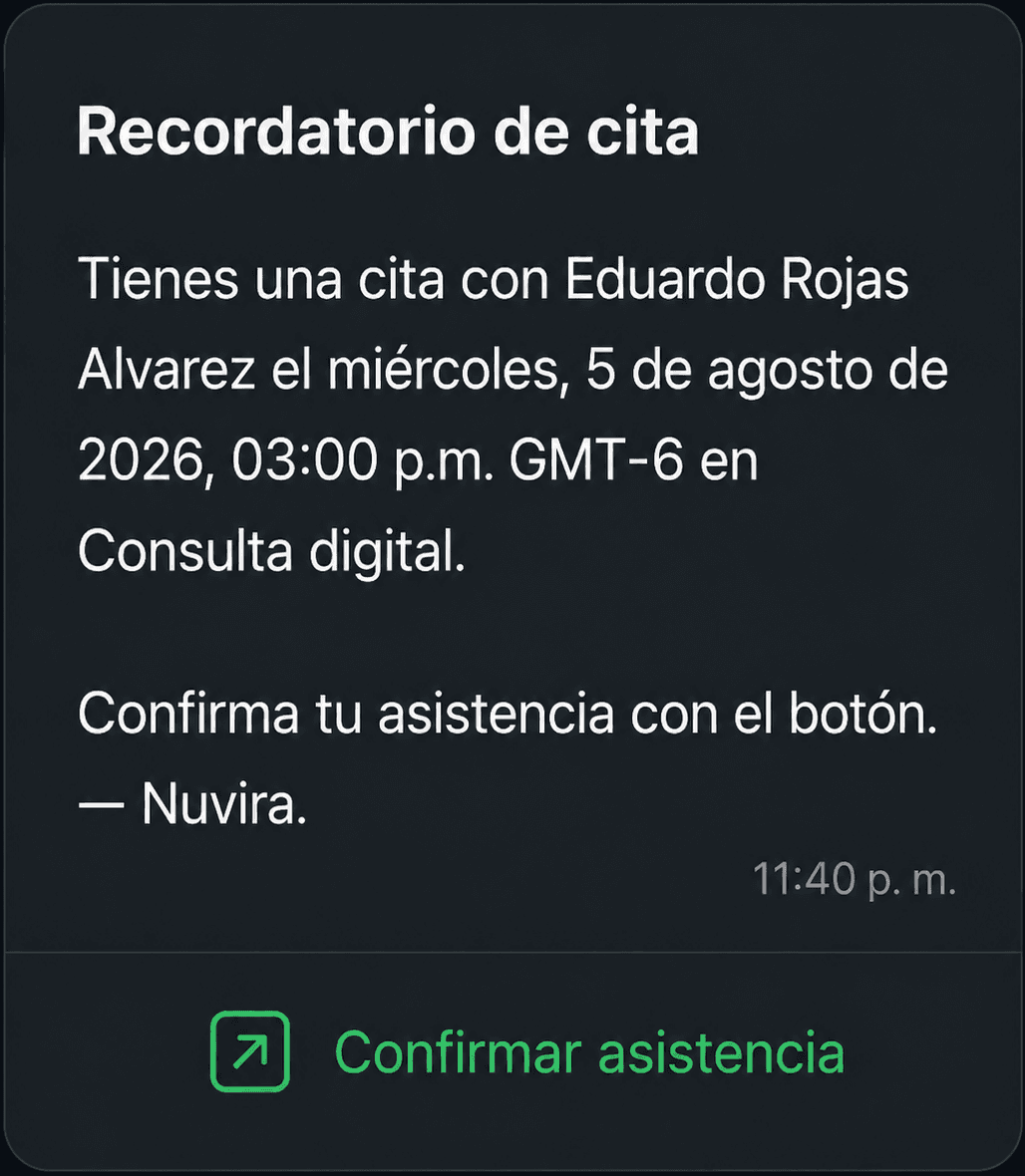 Recordatorio de cita por WhatsApp enviado desde Nuvira