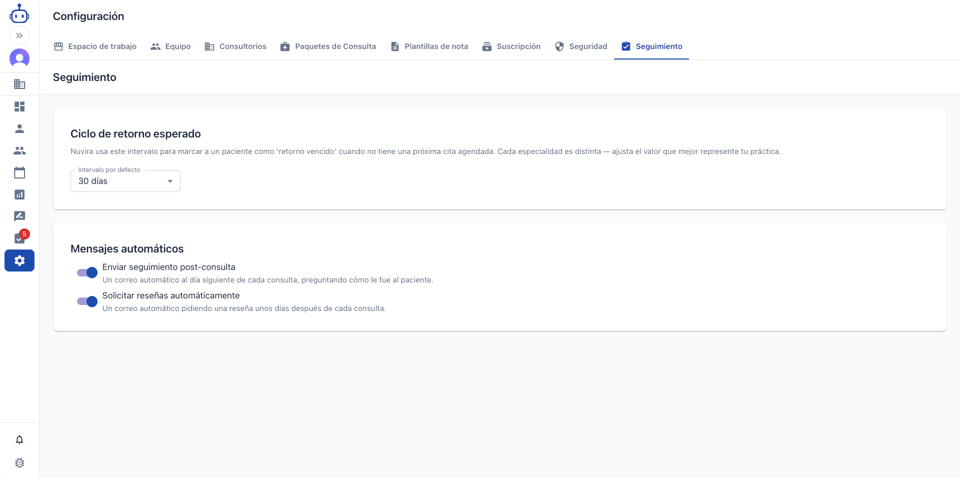 Configuración de Seguimiento en Nuvira con el ciclo de retorno esperado