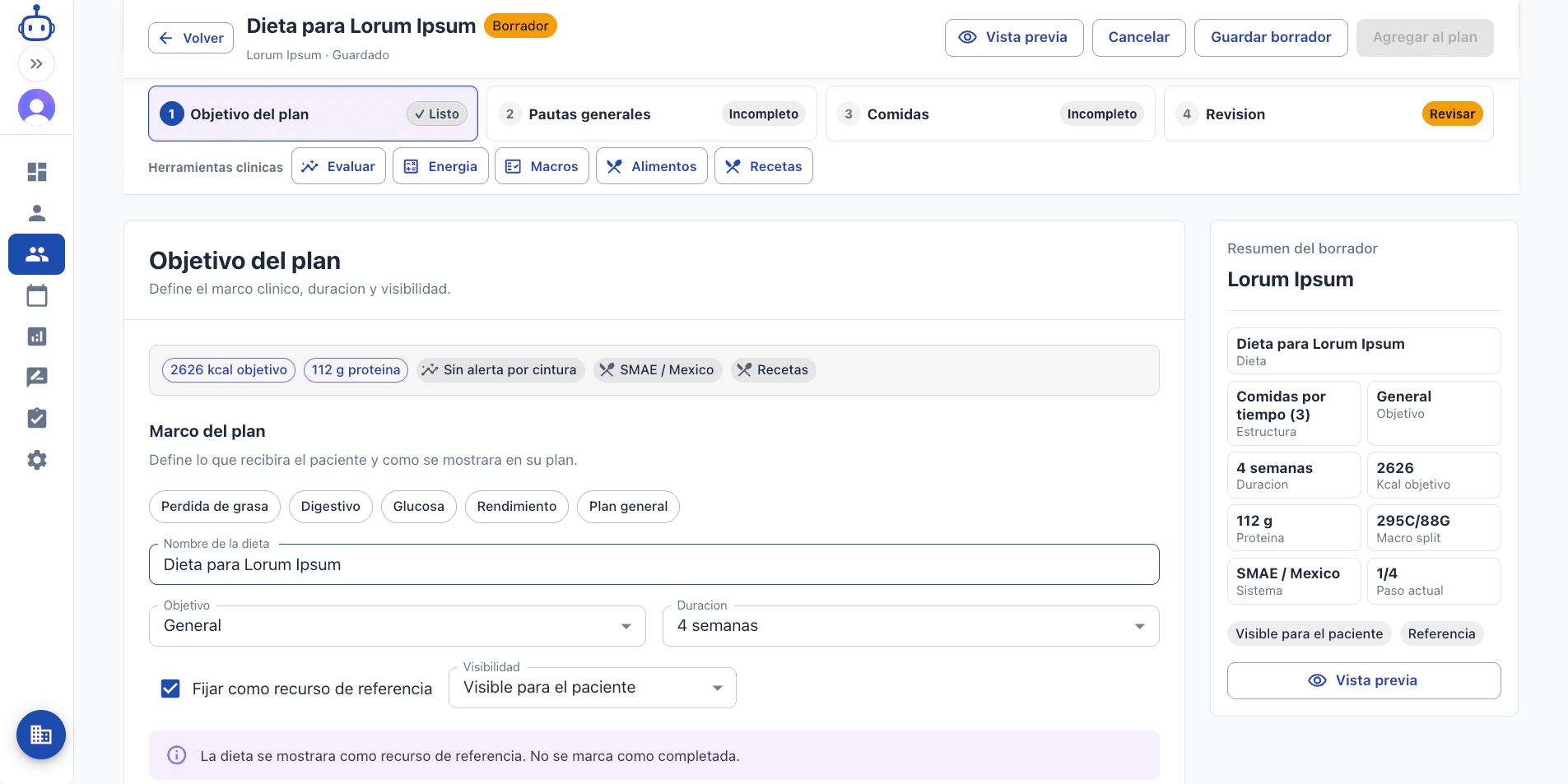 Paso Objetivo del plan mostrando kcal objetivo, proteína, sistema SMAE/México y plantillas por objetivo