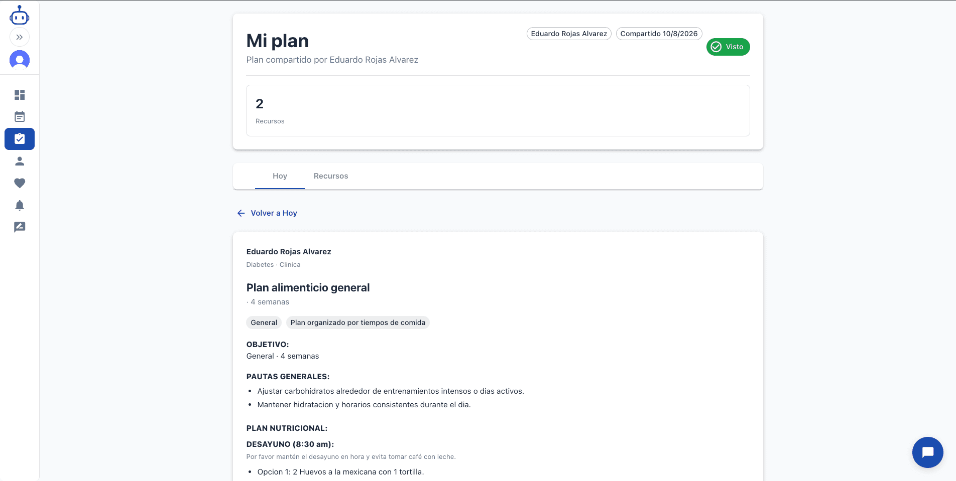 Vista del paciente 'Mi plan', con el plan compartido por su médico, pautas y comidas del día