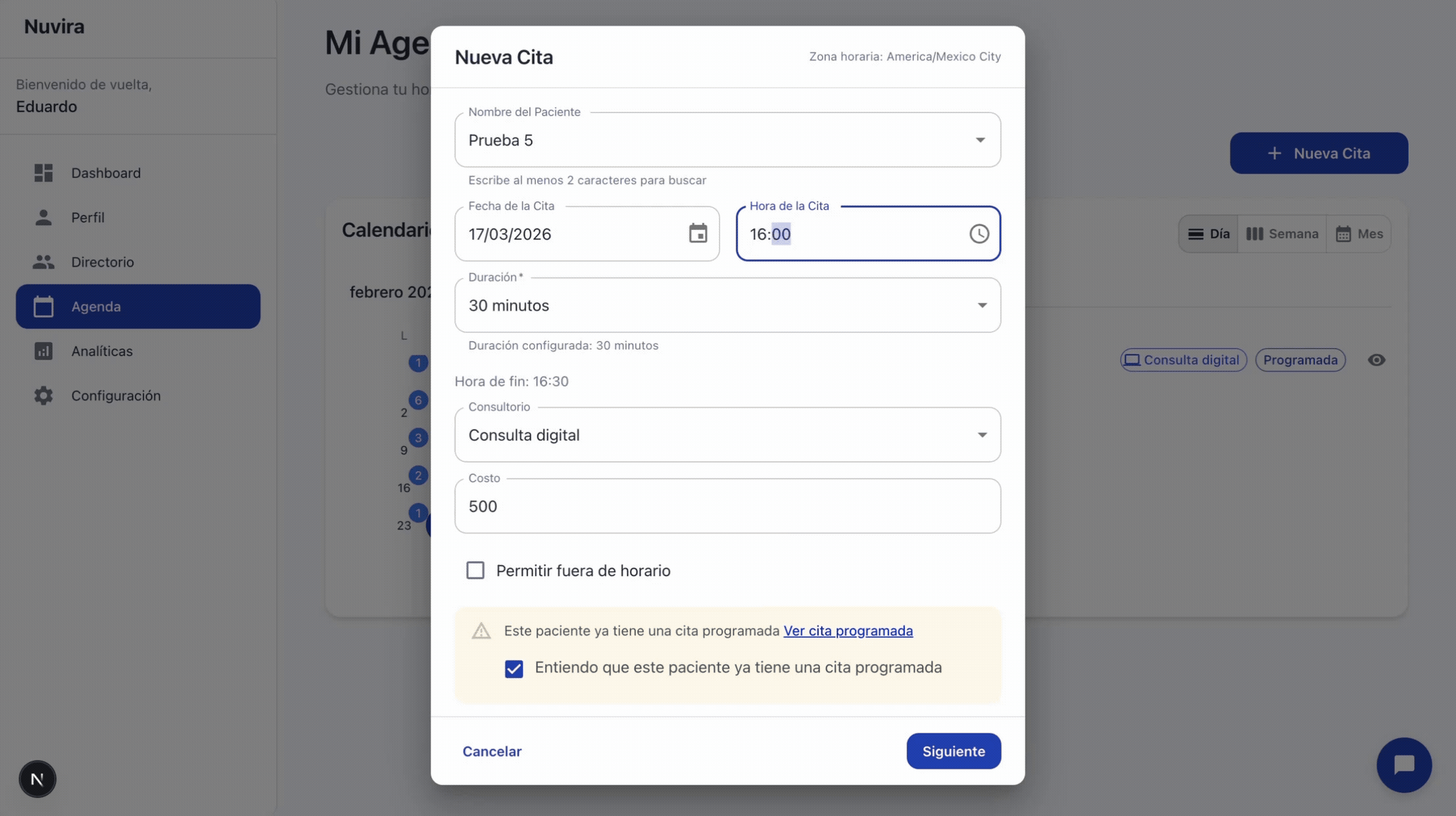 Crear cita en Nuvira